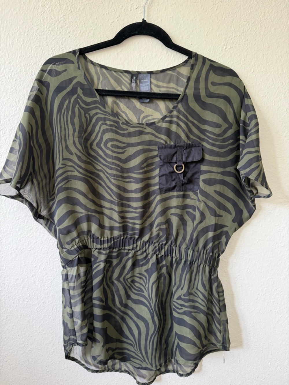 Bisoo Bisou Sheer Zebra Print Blouse Olive Green Elastic Peplum Waist Top XS